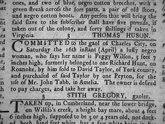 Runaway slave ad in Virginia Gazette